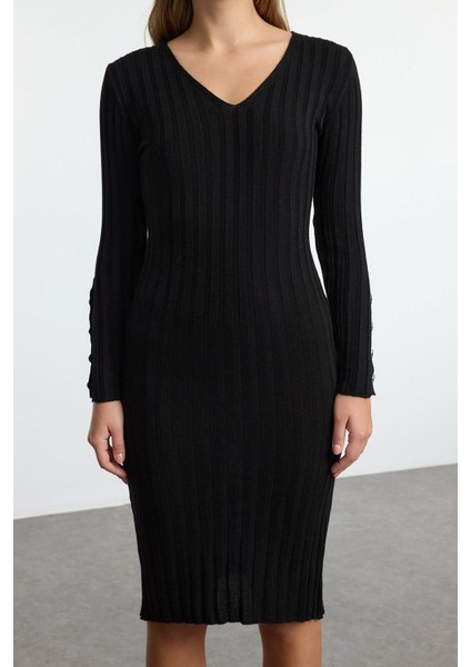 Kadın Moda Şık Midi Boy V Yaka Regular Triko Basic Elbise