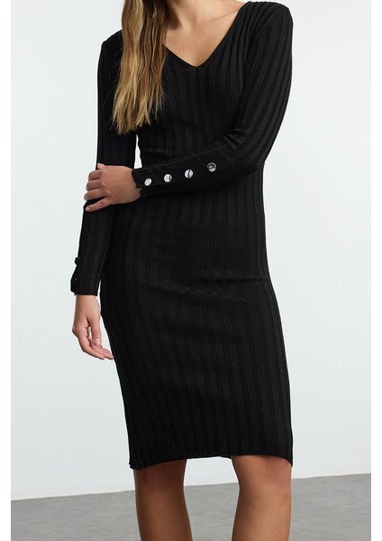 Kadın Moda Şık Midi Boy V Yaka Regular Triko Basic Elbise
