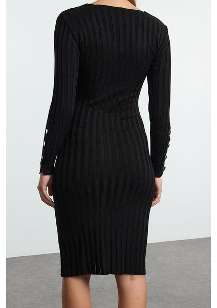 Kadın Moda Şık Midi Boy V Yaka Regular Triko Basic Elbise