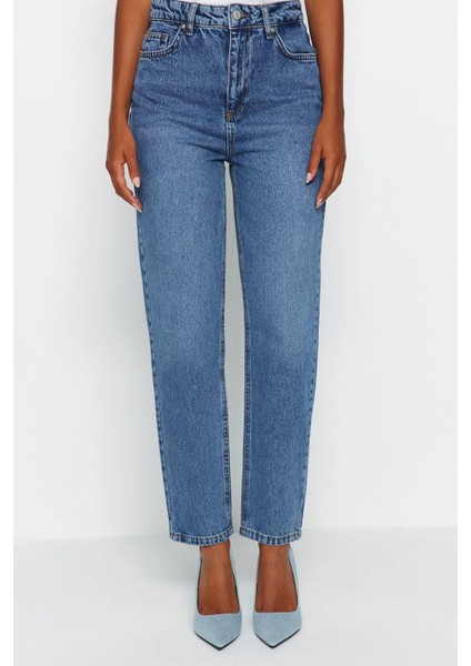 Kadın Moda Şık Kot Pantolon Dar Paça Regular Boy Denim Mavi Yüksek Bel Mom Jeans