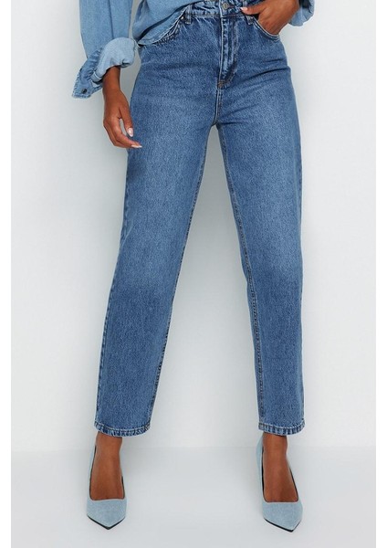 Kadın Moda Şık Kot Pantolon Dar Paça Regular Boy Denim Mavi Yüksek Bel Mom Jeans