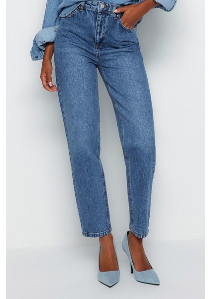 Kadın Moda Şık Kot Pantolon Dar Paça Regular Boy Denim Mavi Yüksek Bel Mom Jeans