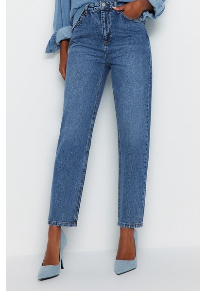 Kadın Moda Şık Kot Pantolon Dar Paça Regular Boy Denim Mavi Yüksek Bel Mom Jeans
