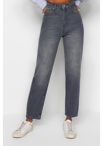 Kadın Moda Şık Kot Pantolon Dar Paça Regular Boy Denim Gri Yüksek Bel Mom Jeans fiyatları