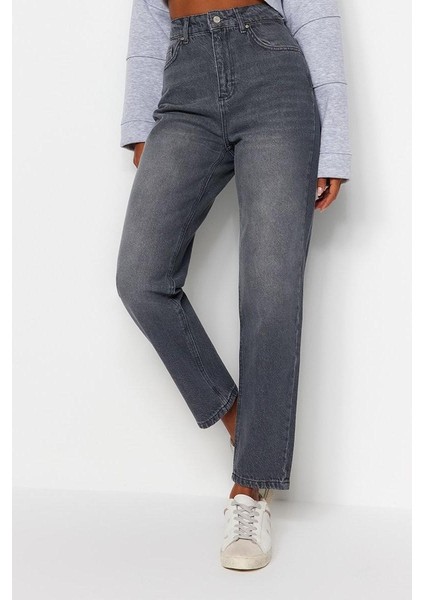 Kadın Moda Şık Kot Pantolon Dar Paça Regular Boy Denim Gri Yüksek Bel Mom Jeans fırsatları