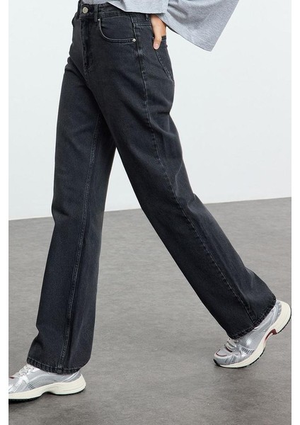 Kadın Moda Şık Kot Pantolon Geniş Paça Regular Boy Denim Yüksek Bel Uzun Straight Jeans