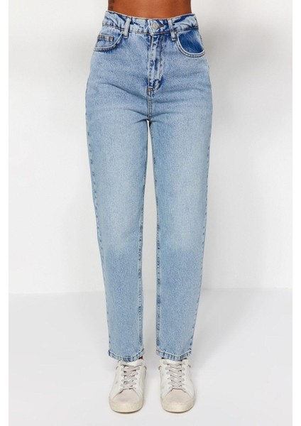 Kadın Moda Şık Kot Pantolon Dar Paça Regular Boy Denim Mavi Yüksek Bel Mom Jeans