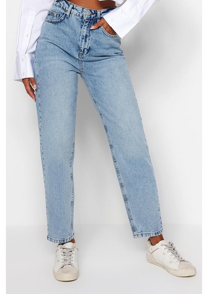 Kadın Moda Şık Kot Pantolon Dar Paça Regular Boy Denim Mavi Yüksek Bel Mom Jeans