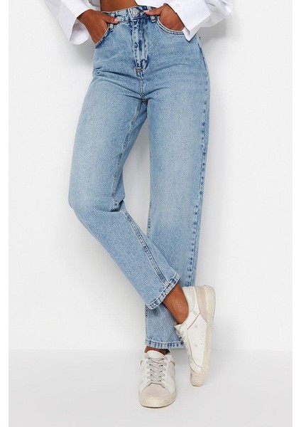 Kadın Moda Şık Kot Pantolon Dar Paça Regular Boy Denim Mavi Yüksek Bel Mom Jeans