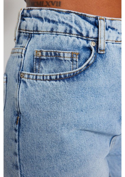Kadın Moda Şık Kot Pantolon Dar Paça Regular Boy Denim Mavi Yüksek Bel Mom Jeans