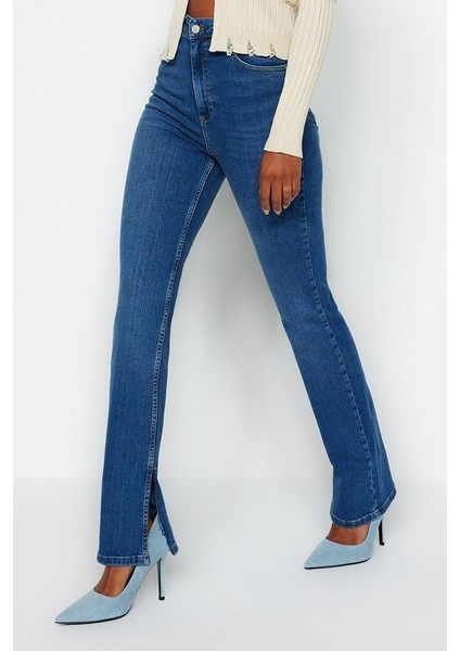 Kadın Moda Şık Kot Pantolon Boru Paça Uzun Boy Denim Yırtmaçlı Süper Yüksek Bel Slim Jeans fırsatları