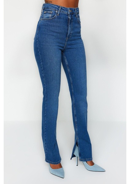 Kadın Moda Şık Kot Pantolon Boru Paça Uzun Boy Denim Yırtmaçlı Süper Yüksek Bel Slim Jeans indirimleri