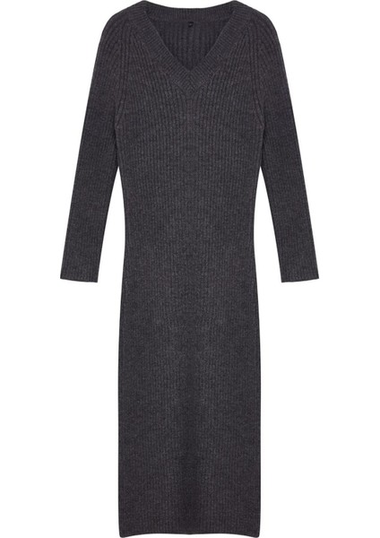 Kadın Moda Şık Maxi Boy V Yaka Regular Triko Yünlü Basic Elbise