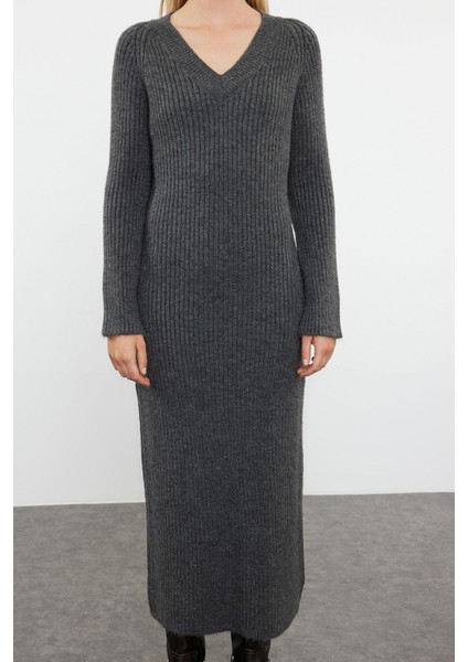 Kadın Moda Şık Maxi Boy V Yaka Regular Triko Yünlü Basic Elbise fırsatları