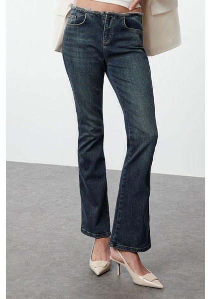 Kadın Moda Şık Kot Pantolon Ispanyol Paça Uzun Boy Denim Soluk Vintage Püsküllü Düşük Bel Crop Jeans