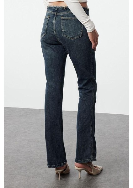 Kadın Moda Şık Kot Pantolon Ispanyol Paça Uzun Boy Denim Soluk Vintage Püsküllü Düşük Bel Crop Jeans