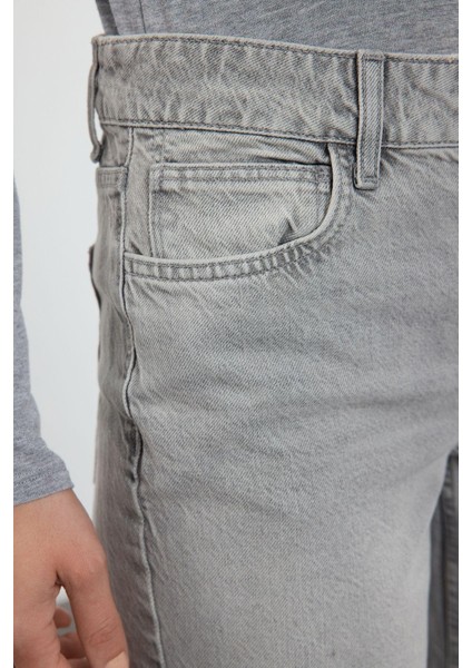 Kadın Moda Şık Kot Pantolon Boru Paça Uzun Boy Denim Gri Yüksek Bel Straight Jeans