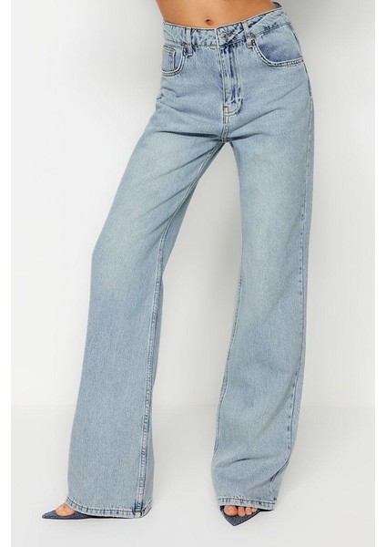 Kadın Moda Şık Kot Pantolon Geniş Paça Regular Boy Denim Mavi Soluk Vintage Yüksek Bel Jeans fırsatları