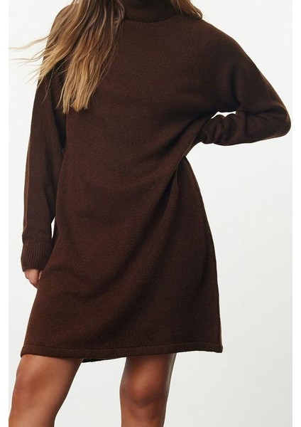 Kadın Moda Şık Mini Boy Balıkçı Yaka Regular Triko Basic Elbise
