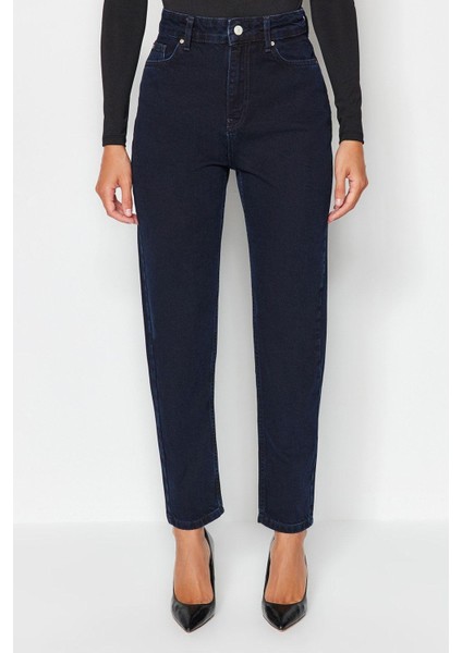 Kadın Moda Şık Kot Pantolon Geniş Paça Regular Boy Denim Gece Mavisi Yüksek Bel Mom Jeans