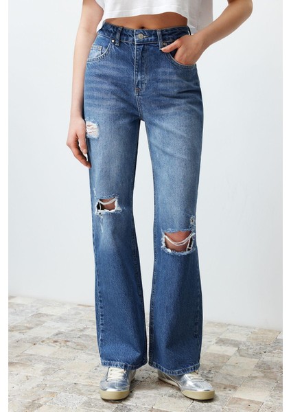 Kadın Moda Şık Kot Pantolon Geniş Paça Regular Boy Denim Mavi Yırtıklı Yüksek Bel Jeans