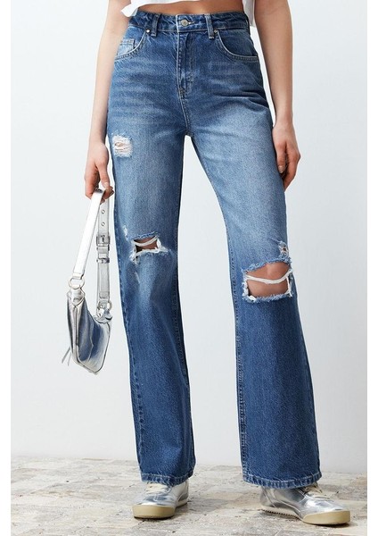 Kadın Moda Şık Kot Pantolon Geniş Paça Regular Boy Denim Mavi Yırtıklı Yüksek Bel Jeans