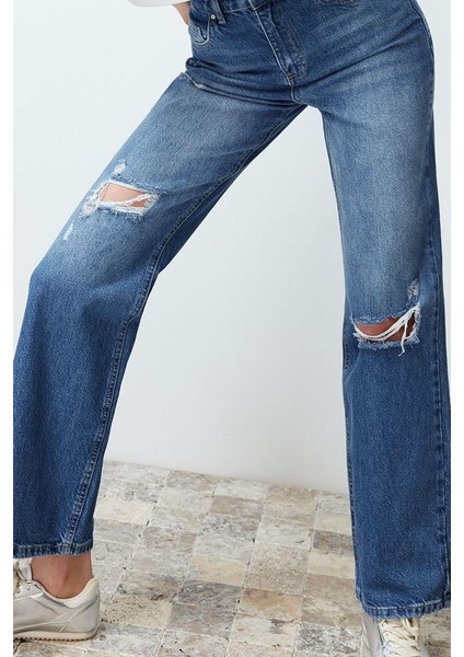 Kadın Moda Şık Kot Pantolon Geniş Paça Regular Boy Denim Mavi Yırtıklı Yüksek Bel Jeans