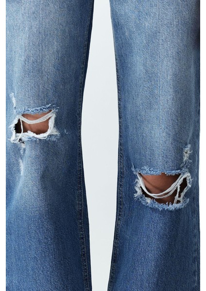 Kadın Moda Şık Kot Pantolon Geniş Paça Regular Boy Denim Mavi Yırtıklı Yüksek Bel Jeans