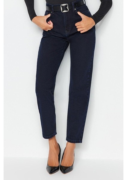 Kadın Moda Şık Kot Pantolon Geniş Paça Regular Boy Denim Gece Mavisi Yüksek Bel Mom Jeans fiyatları