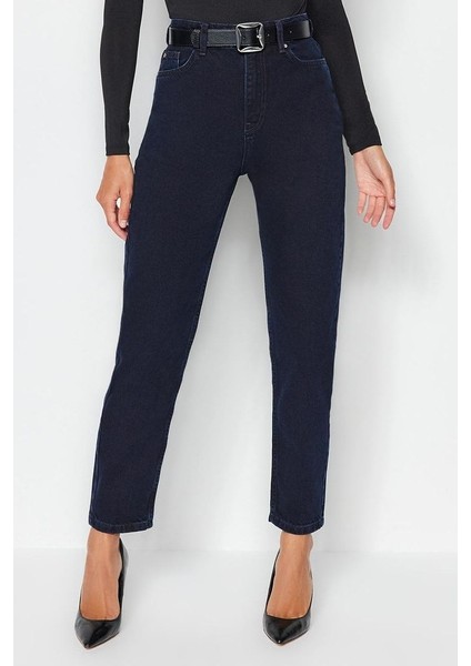 Kadın Moda Şık Kot Pantolon Geniş Paça Regular Boy Denim Gece Mavisi Yüksek Bel Mom Jeans fırsatları