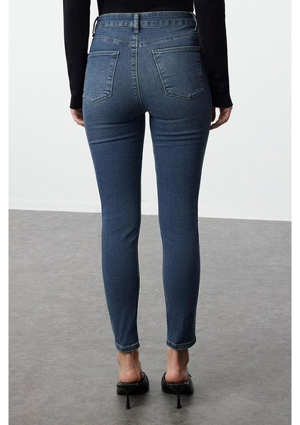 Kadın Moda Şık Kot Pantolon Dar Paça Regular Boy Denim Mavi Yüksek Bel Skinny Jeans