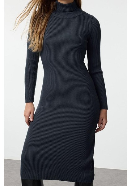 Kadın Moda Şık Midi Boy Balıkçı Yaka Regular Triko Basic Elbise