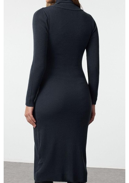 Kadın Moda Şık Midi Boy Balıkçı Yaka Regular Triko Basic Elbise
