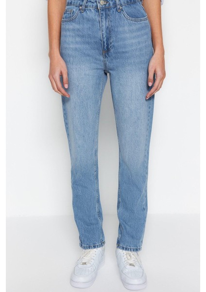 Kadın Moda Şık Kot Pantolon Boru Paça Regular Boy Denim Mavi Yüksek Bel Straight Jeans