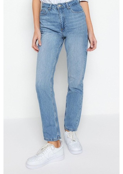 Kadın Moda Şık Kot Pantolon Boru Paça Regular Boy Denim Mavi Yüksek Bel Straight Jeans