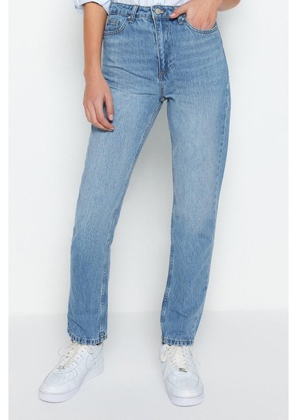 Kadın Moda Şık Kot Pantolon Boru Paça Regular Boy Denim Mavi Yüksek Bel Straight Jeans