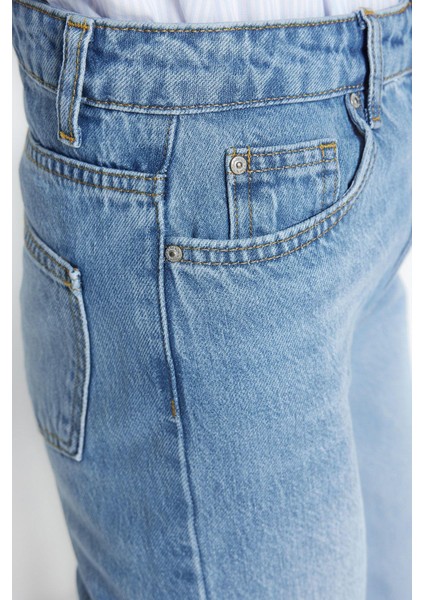 Kadın Moda Şık Kot Pantolon Boru Paça Regular Boy Denim Mavi Yüksek Bel Straight Jeans