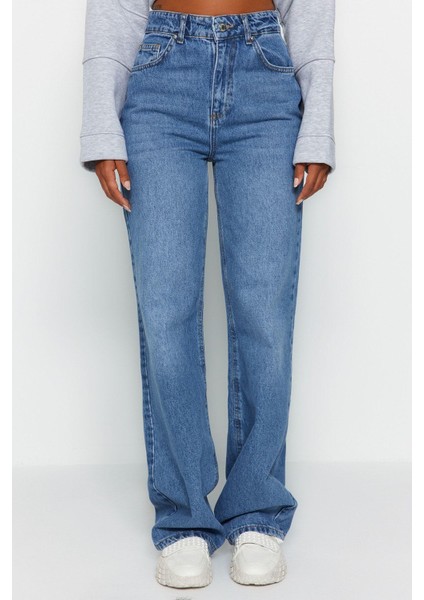 Kadın Moda Şık Kot Pantolon Geniş Paça Uzun Boy Denim Mavi Yüksek Bel Jeans