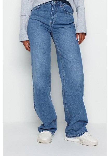 Kadın Moda Şık Kot Pantolon Geniş Paça Uzun Boy Denim Mavi Yüksek Bel Jeans