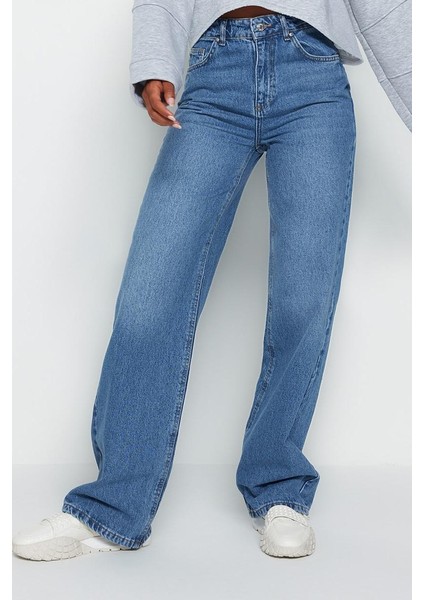 Kadın Moda Şık Kot Pantolon Geniş Paça Uzun Boy Denim Mavi Yüksek Bel Jeans