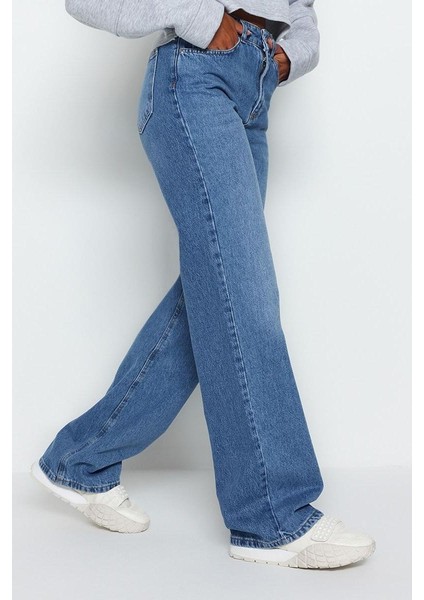 Kadın Moda Şık Kot Pantolon Geniş Paça Uzun Boy Denim Mavi Yüksek Bel Jeans