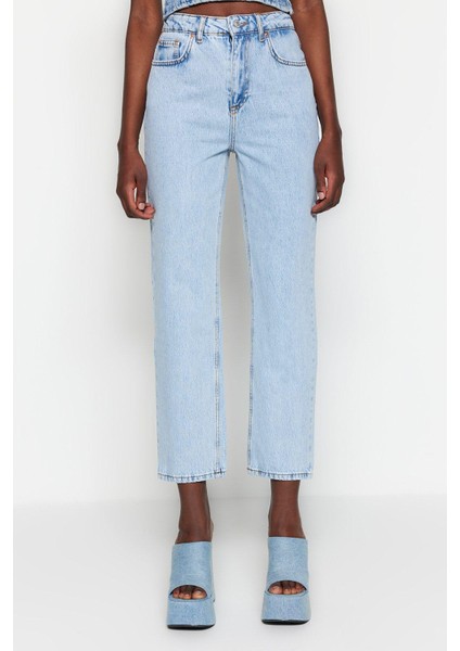 Kadın Moda Şık Kot Pantolon Boru Paça Regular Boy Denim Mavi Yüksek Bel Straight Jeans