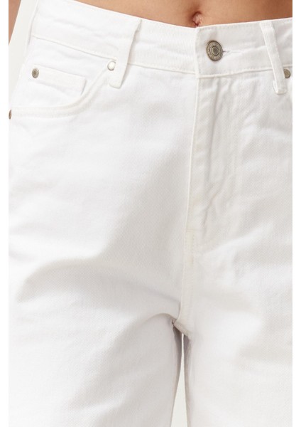 Kadın Moda Şık Kot Pantolon Dar Paça Regular Boy Denim Beyaz Yüksek Bel Mom Jeans indirimleri