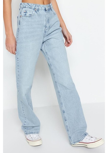 Kadın Moda Şık Kot Pantolon Geniş Paça Regular Boy Denim Mavi Yüksek Bel Straight Jeans fiyatları