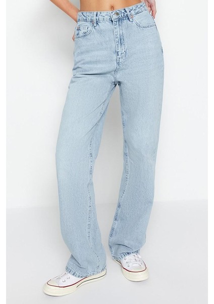Kadın Moda Şık Kot Pantolon Geniş Paça Regular Boy Denim Mavi Yüksek Bel Straight Jeans modelleri