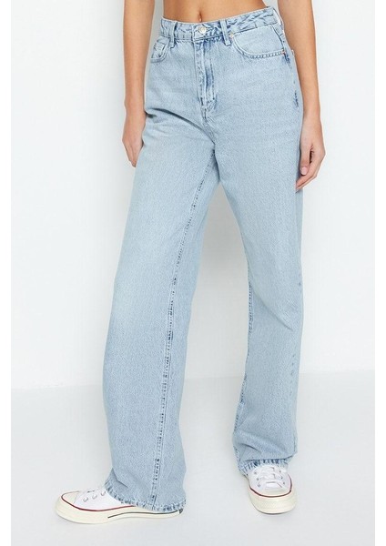 Kadın Moda Şık Kot Pantolon Geniş Paça Regular Boy Denim Mavi Yüksek Bel Straight Jeans fırsatları