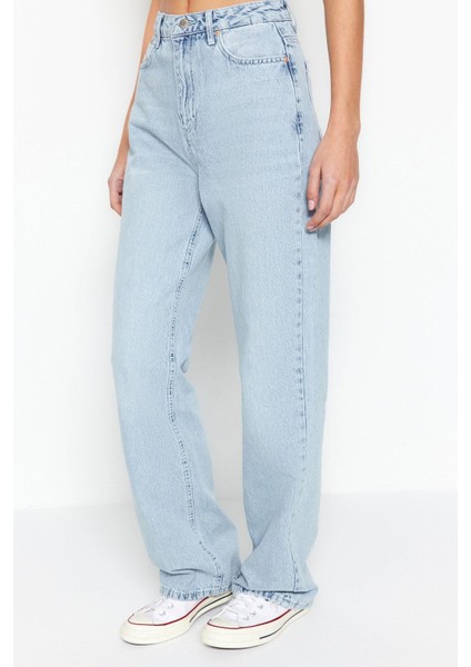 Kadın Moda Şık Kot Pantolon Geniş Paça Regular Boy Denim Mavi Yüksek Bel Straight Jeans indirimleri