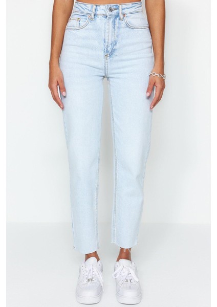 Kadın Moda Şık Kot Pantolon Boru Paça Uzun Boy Denim Yüksek Bel Slim Mom Jeans
