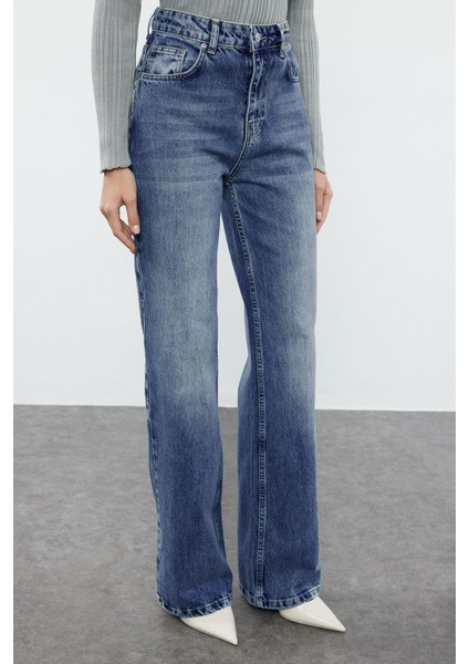 Kadın Moda Şık Kot Pantolon Geniş Paça Uzun Boy Denim Mavi Yüksek Bel Jeans