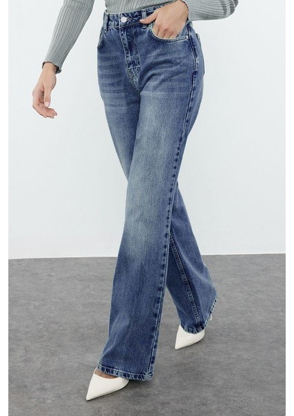 Kadın Moda Şık Kot Pantolon Geniş Paça Uzun Boy Denim Mavi Yüksek Bel Jeans